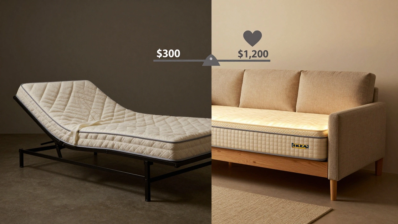 Split-screen comparison: poor sofa bed with sagging mattress versus high-quality model with proper spinal support.
