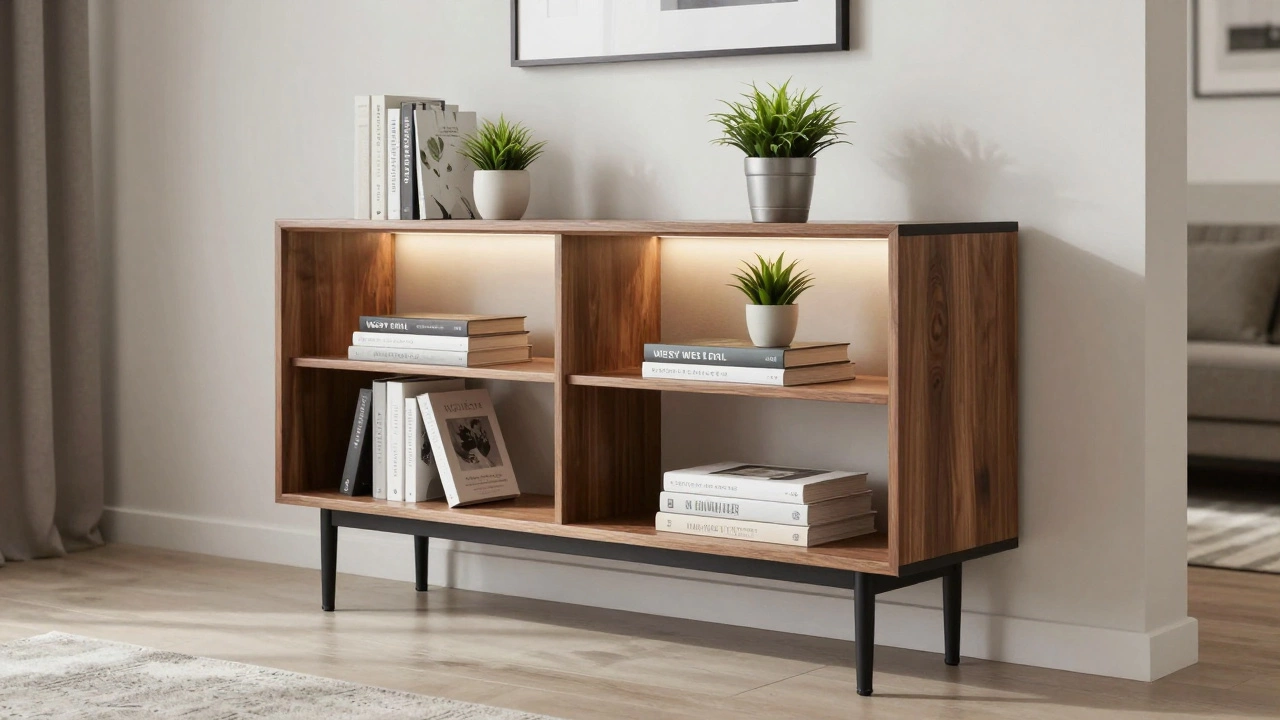 West Elm walnut bookshelf with black metal legs in a modern apartment setting.