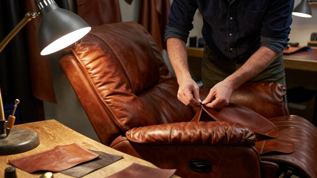 A craftsman hand-stitching leather on a Lazy Boy recliner in a U.S. workshop, focused on double-stitched seams.