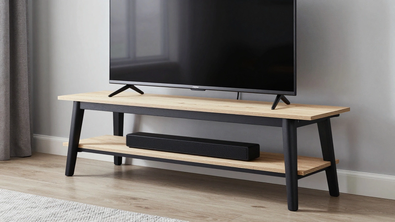 A handmade wooden platform TV stand with hidden cables and a soundbar below, in a modern bedroom.
