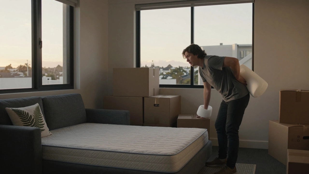 An apartment scene with a sofa bed mattress removed, a foam topper nearby, and moving boxes in the background.