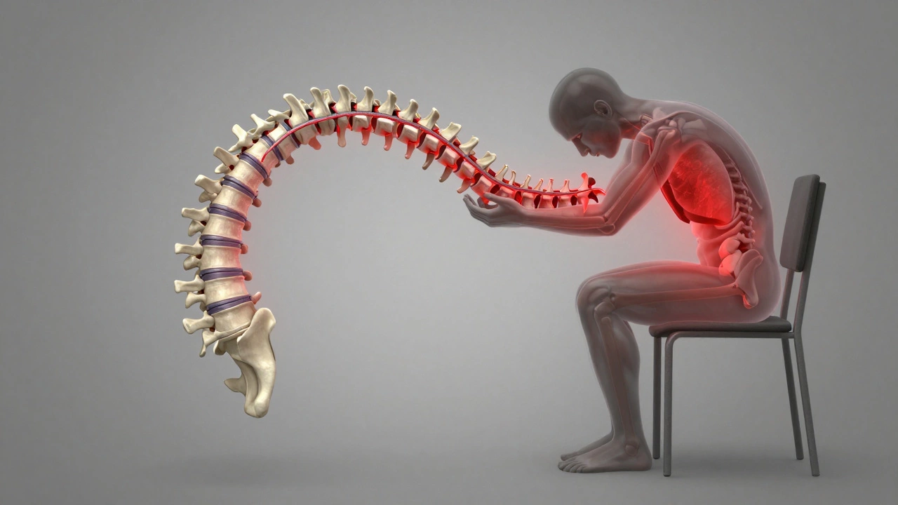 Anatomical cross-section of a slouched spine showing compressed discs and restricted lungs, with pressure points highlighted.