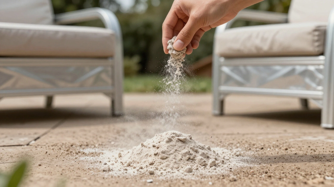 Hand sprinkling natural powder around patio furniture to deter bugs.