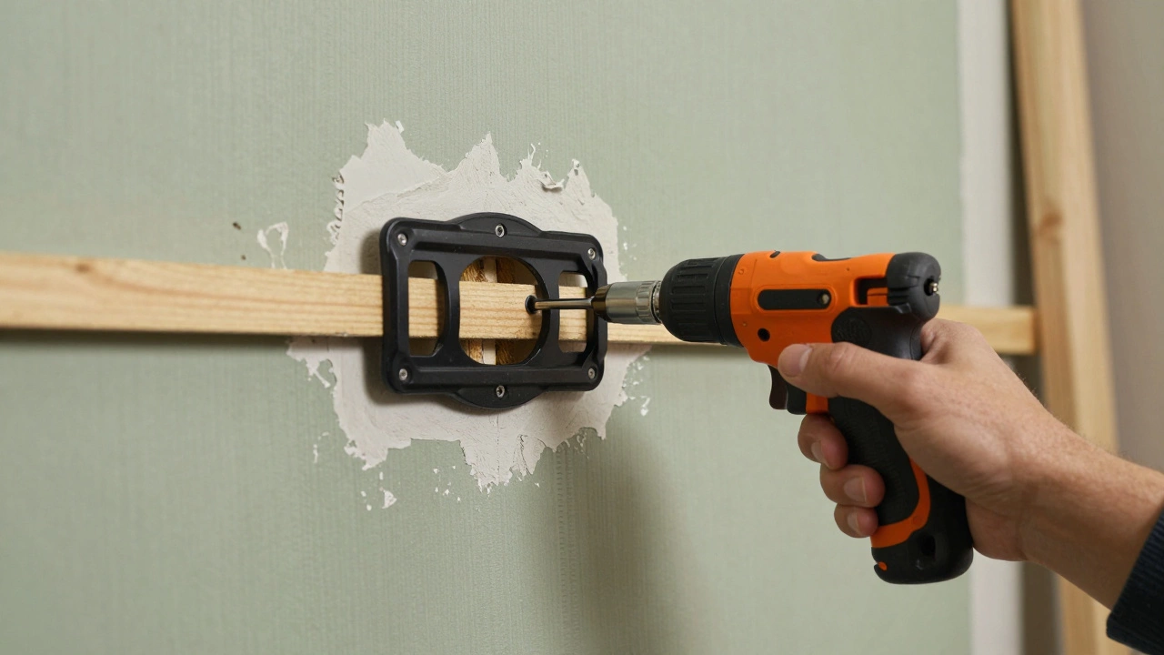 Hand using stud finder on plasterboard wall while drilling for TV mount.