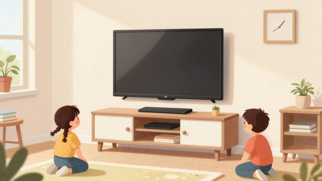 Securely mounted TV in living room with children playing safely.