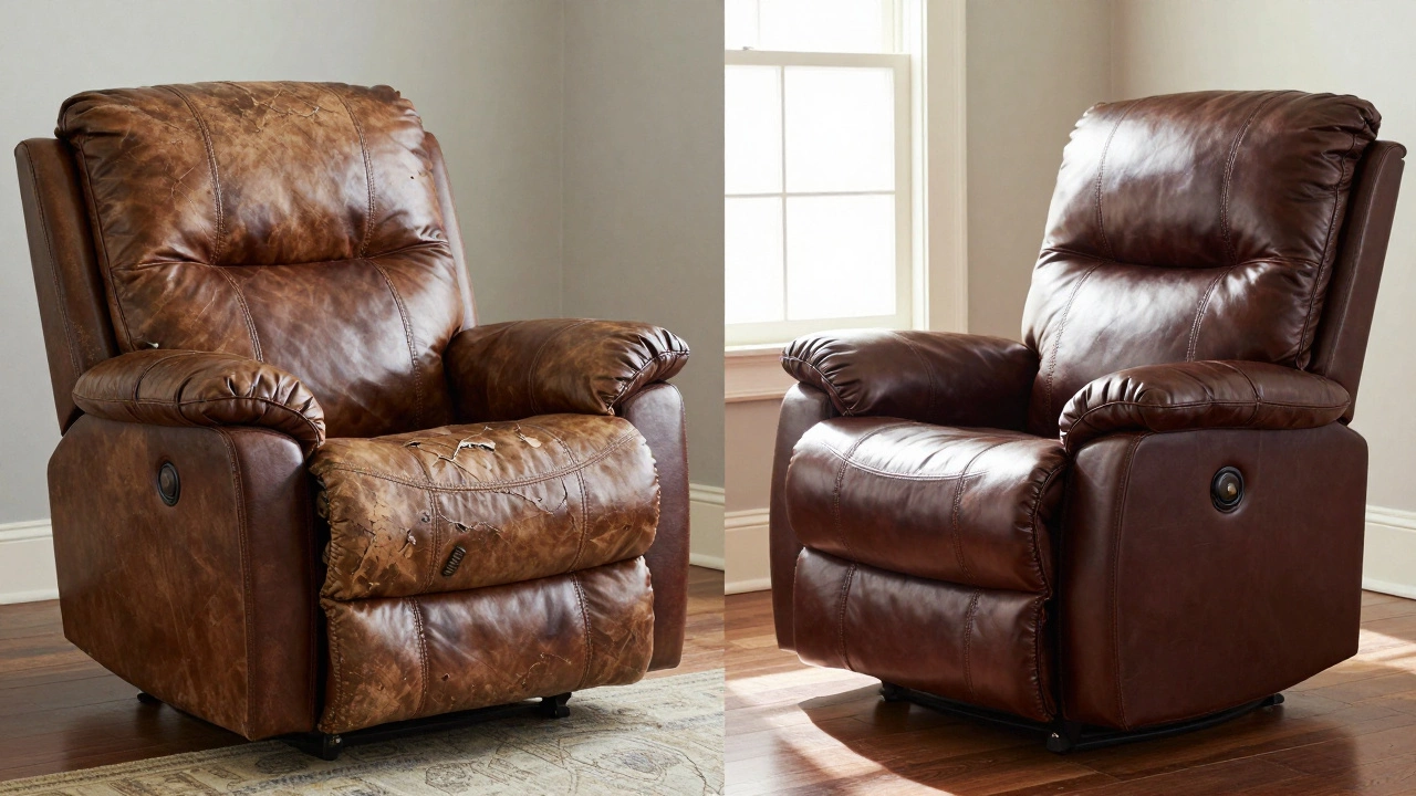 Side-by-side: a worn cheap recliner versus a pristine Lazy Boy, illustrating long-term quality and durability.