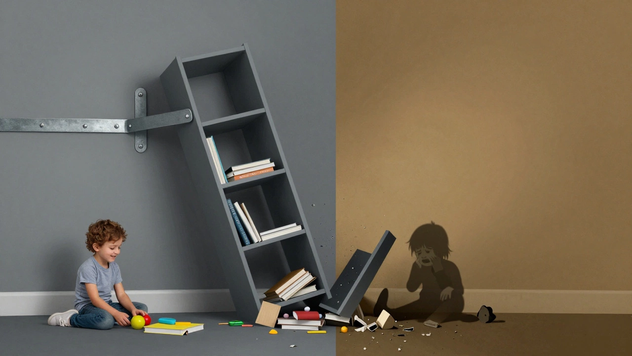Side-by-side comparison: a safely anchored bookcase next to a toppled one, with a child playing safely on one side and debris on the other.