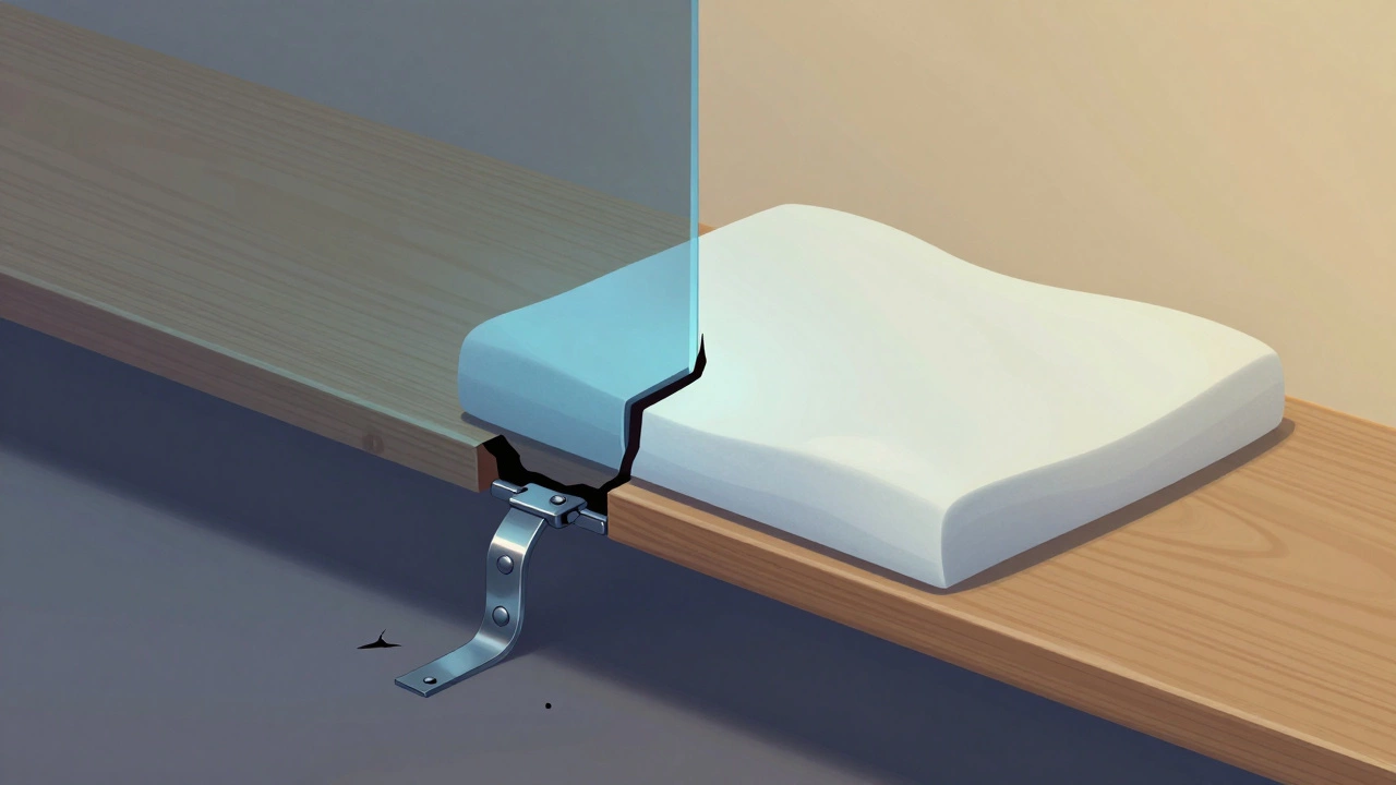 Side-by-side comparison of a damaged sofa bed frame and a protective foam topper placed over it.