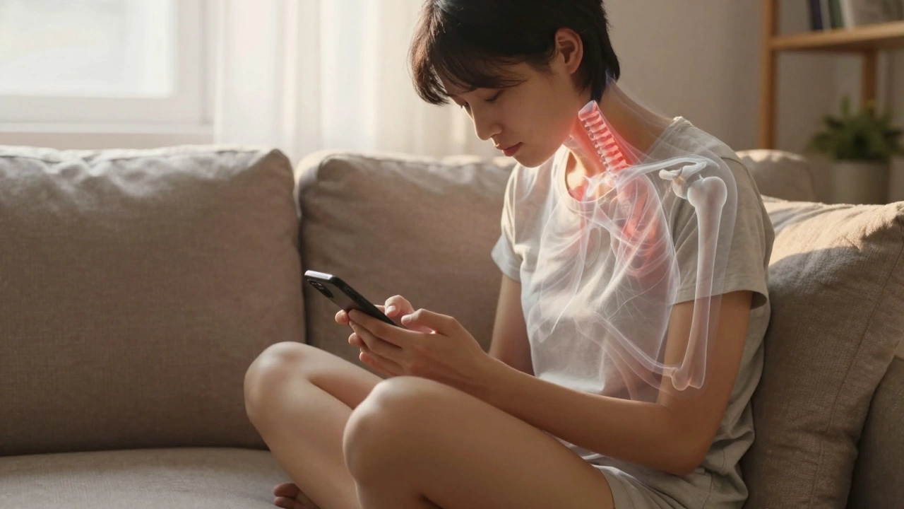 Someone sitting on a couch in a slouched position, with ghostly overlays showing the body's internal strain from poor posture.