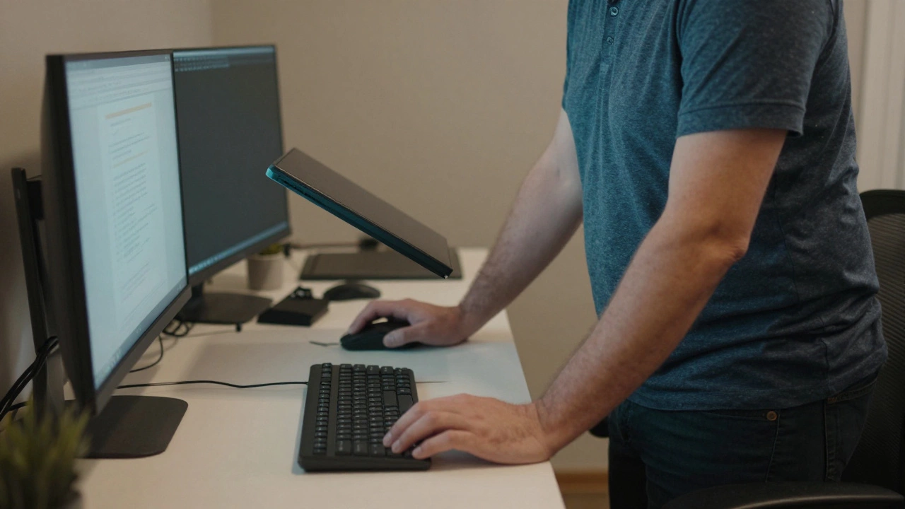 Worker moving between sitting and standing at a desk, one armrest flipped up, wrist rest under keyboard.