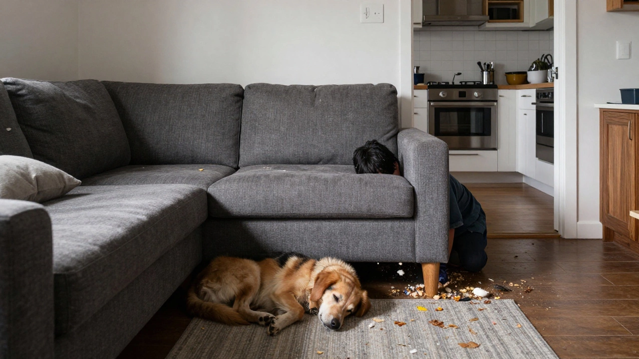 A bulky corner couch blocking a narrow hallway in a cluttered home, with pet fur and crumbs visible underneath.
