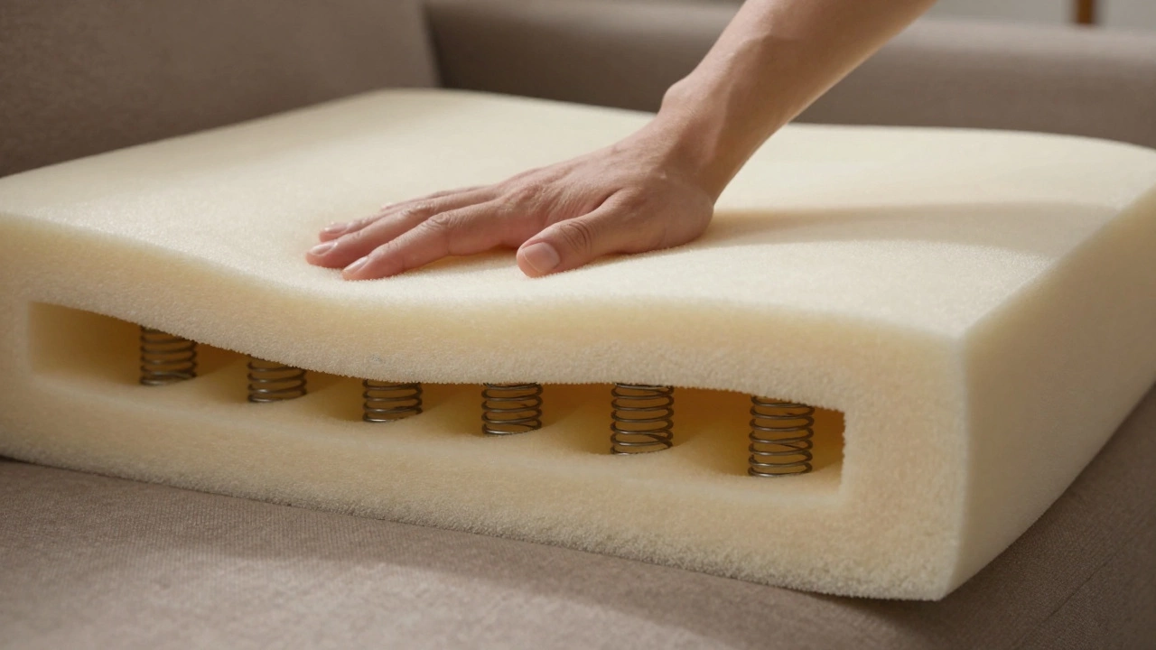 A hand pressing into a sofa cushion, revealing the sinuous spring system beneath high-density foam layers under warm lighting.