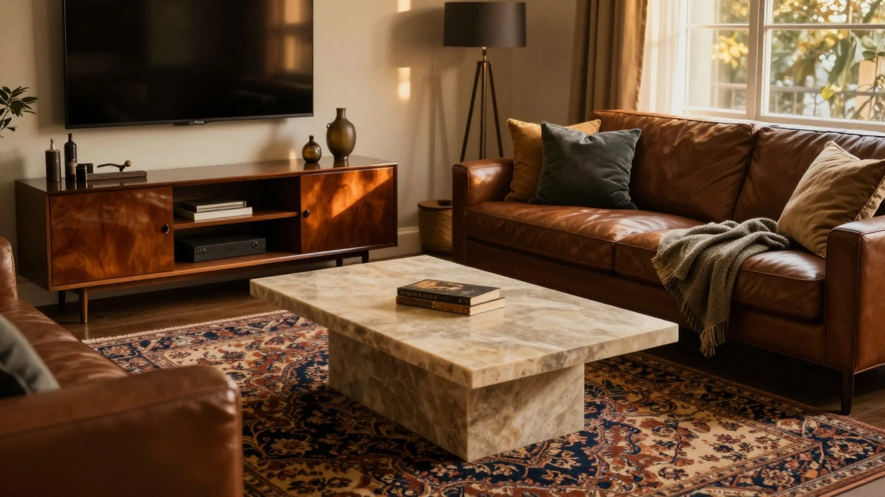 Area rug anchoring diverse furniture pieces in a neutral living space