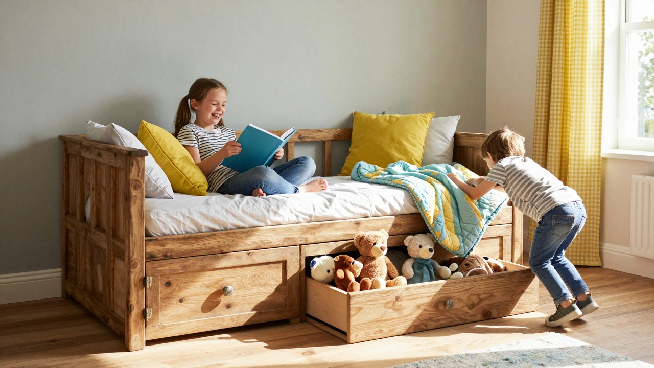 Children playing on a farmhouse-style daybed with trundle and storage drawers in a cozy bedroom.