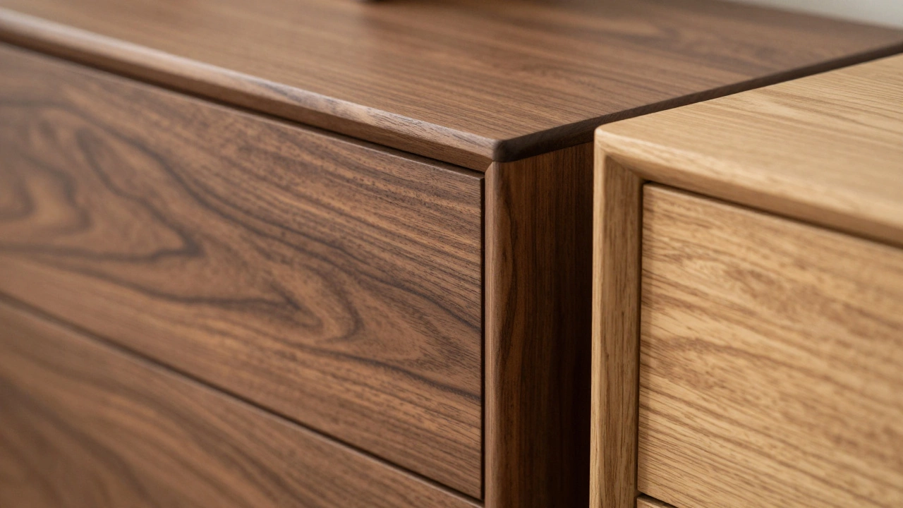 Close up of matte finish walnut and oak wood furniture textures.