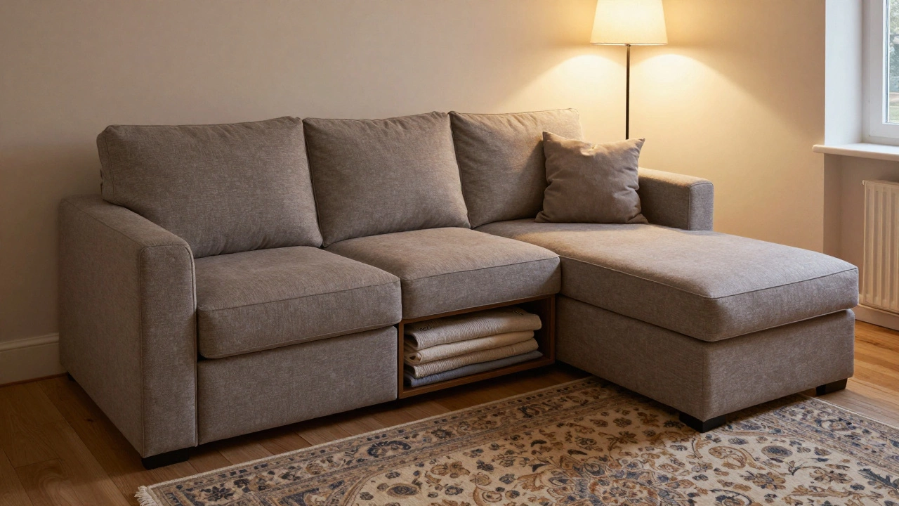 Cozy living room with modular sofa converted for sleep in small space.