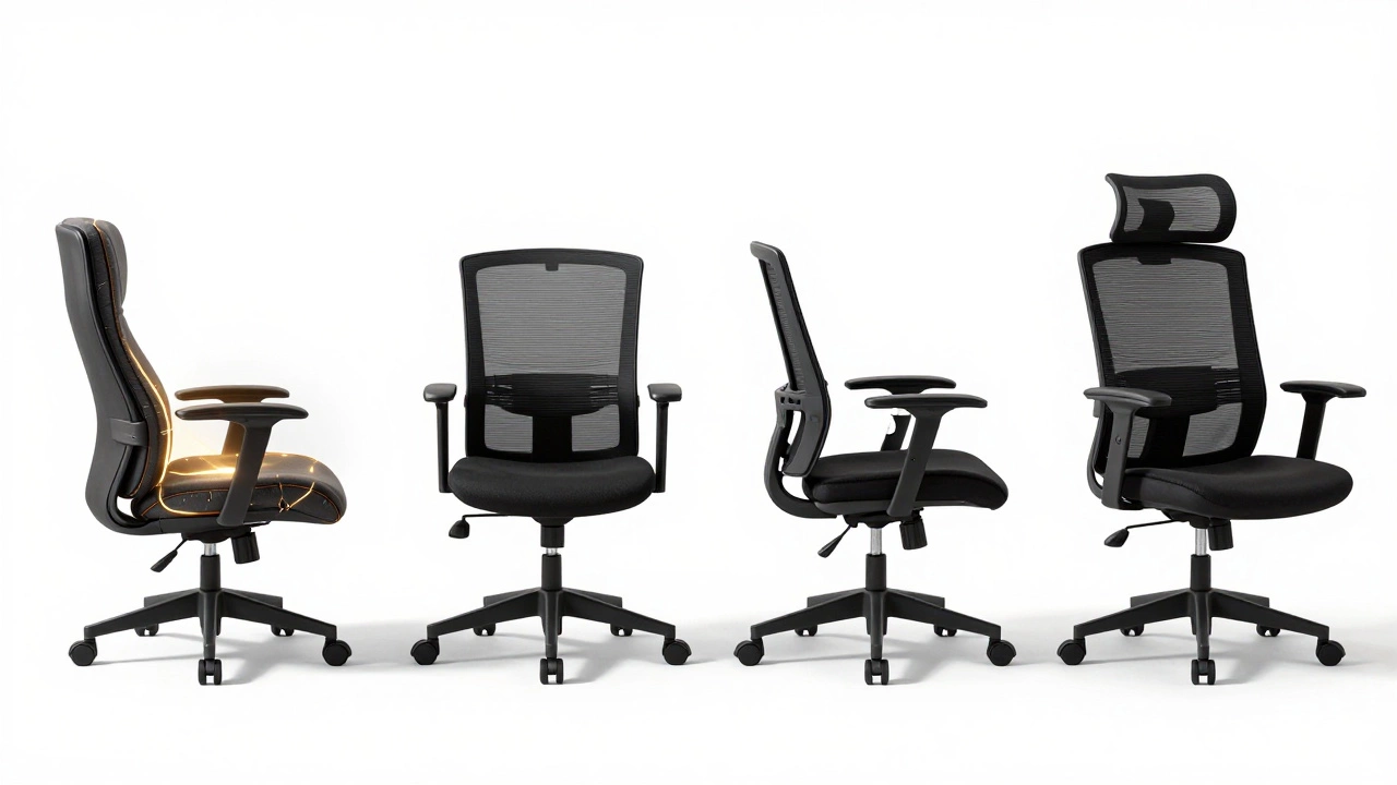 Four office chairs compared: one with poor support, one with proper ergonomic design glowing with spinal alignment.