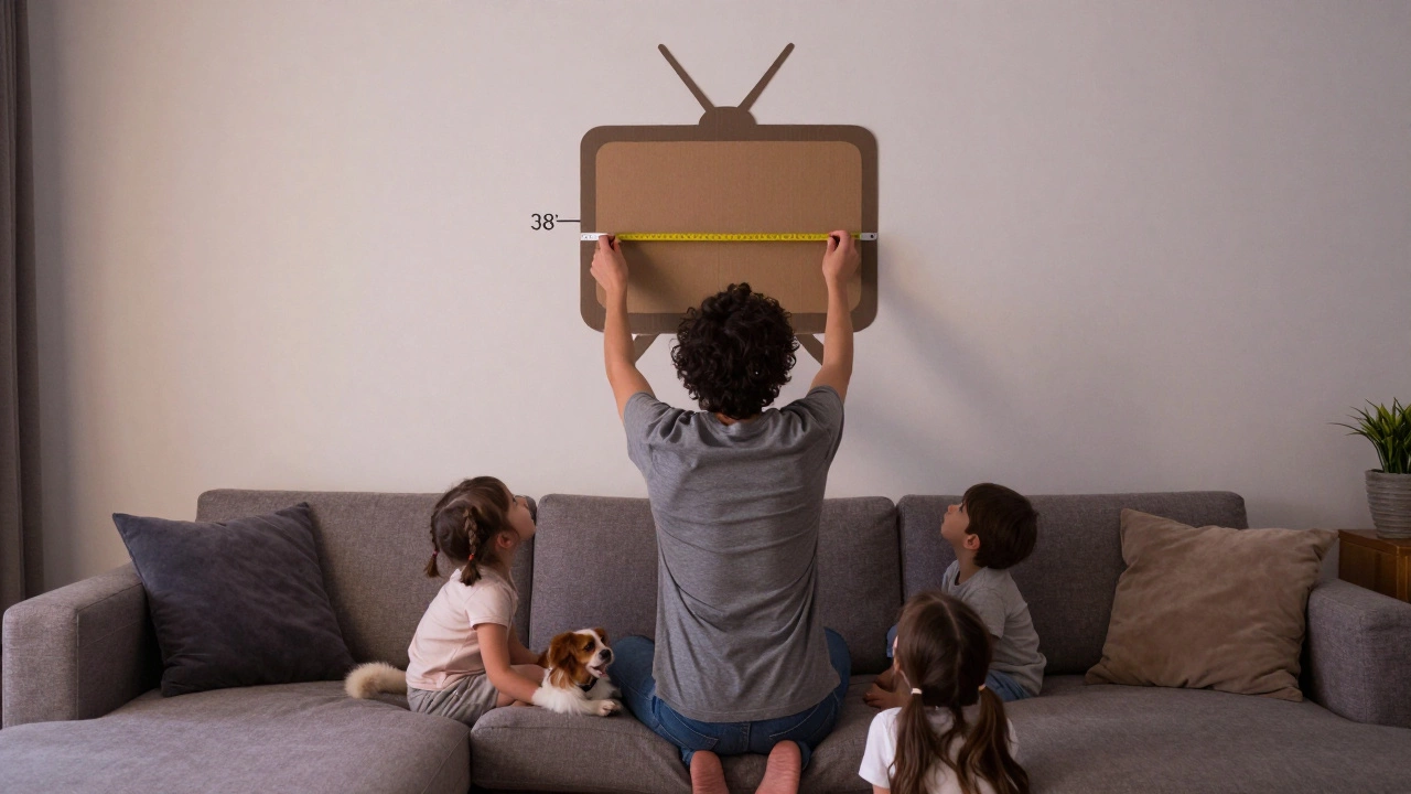 Measuring eye level with cardboard TV cutout on wall, family seated on low sofa.