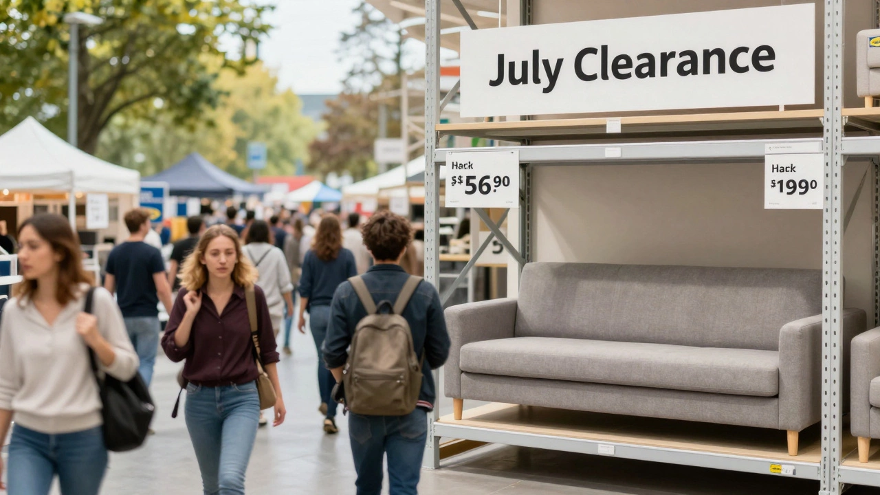 Split scene: crowded Black Friday shoppers on one side, empty July clearance shelf on the other, showing optimal furniture buying timing.