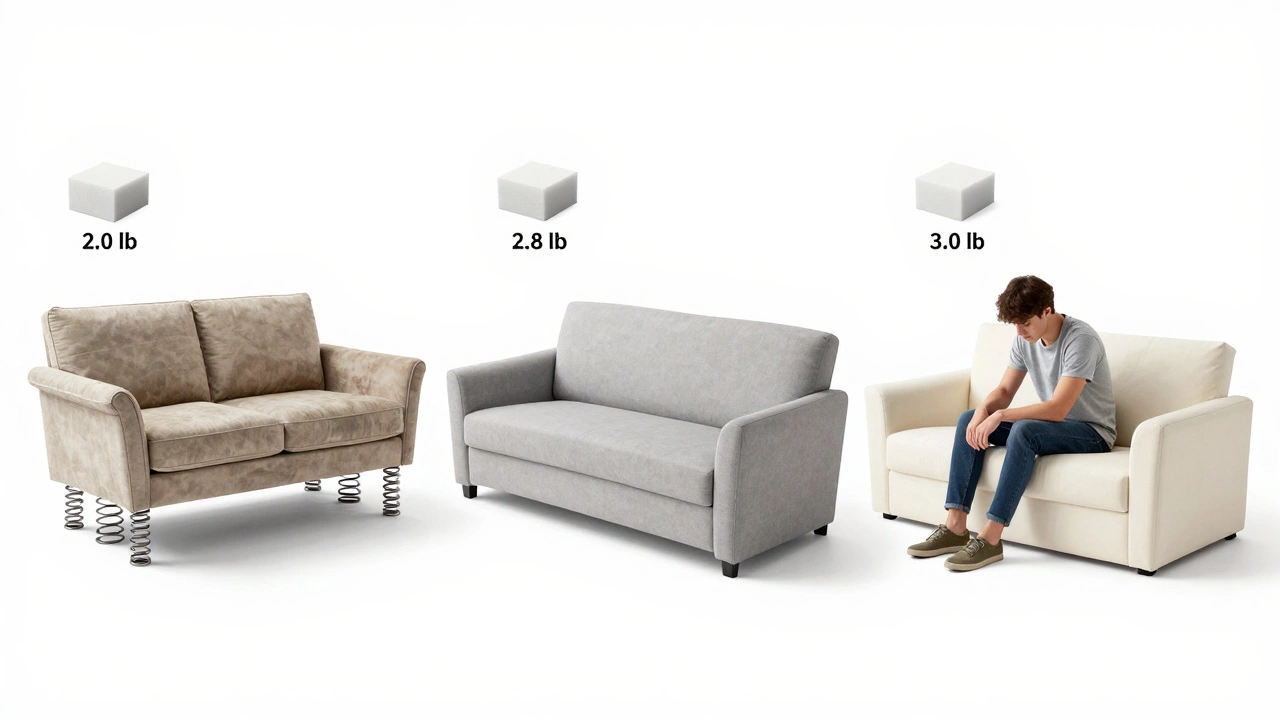 Three sofa types side by side: one sagging, one perfectly supportive, one too stiff, with foam density indicators showing why comfort varies.