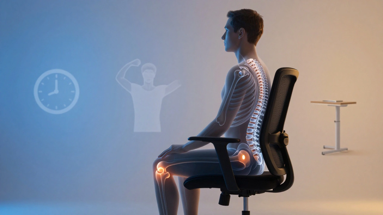 Transparent biomechanical overlay showing spinal alignment and pressure points on a seated person in an ergonomic chair.