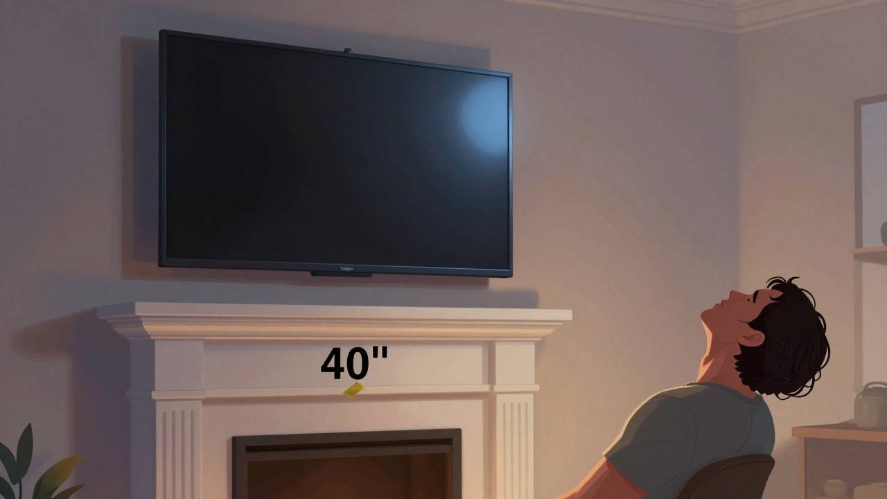 TV mounted too high above fireplace, person tilting head back in discomfort.