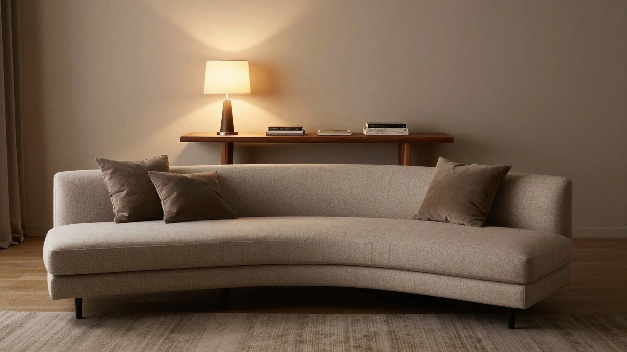A corner sectional sofa with a narrow console table and lamp placed behind it.