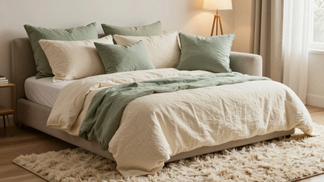 A cozy sofa bed decorated with plush pillows, a linen throw, and a shaggy rug.