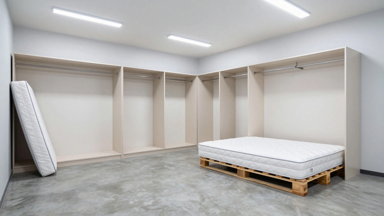 An organized climate-controlled storage unit with furniture placed on pallets and against walls.