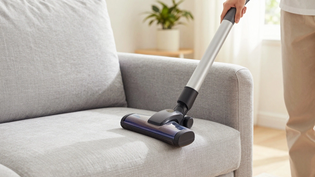 Close-up of a person using a vacuum brush attachment to clean a fabric sofa.