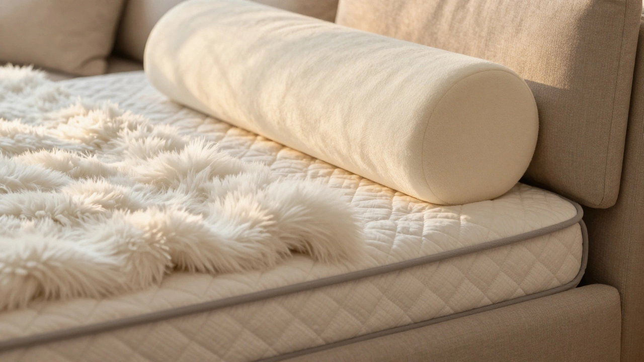 Close-up of a sofa seat layered with a quilted pad and a faux-fur throw.