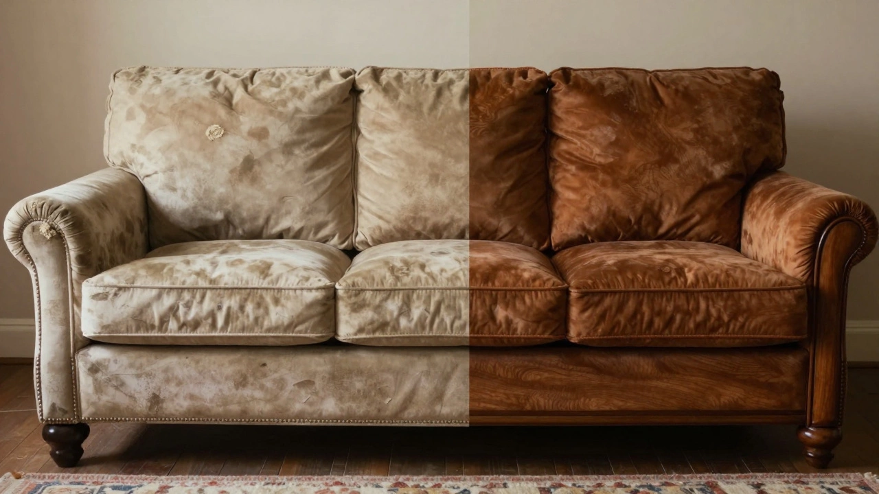 Comparison between a worn-out budget sofa and a high-quality luxury sofa.