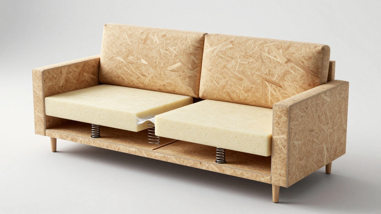 Cross-section of a cheap sofa showing particle board and sagging springs.