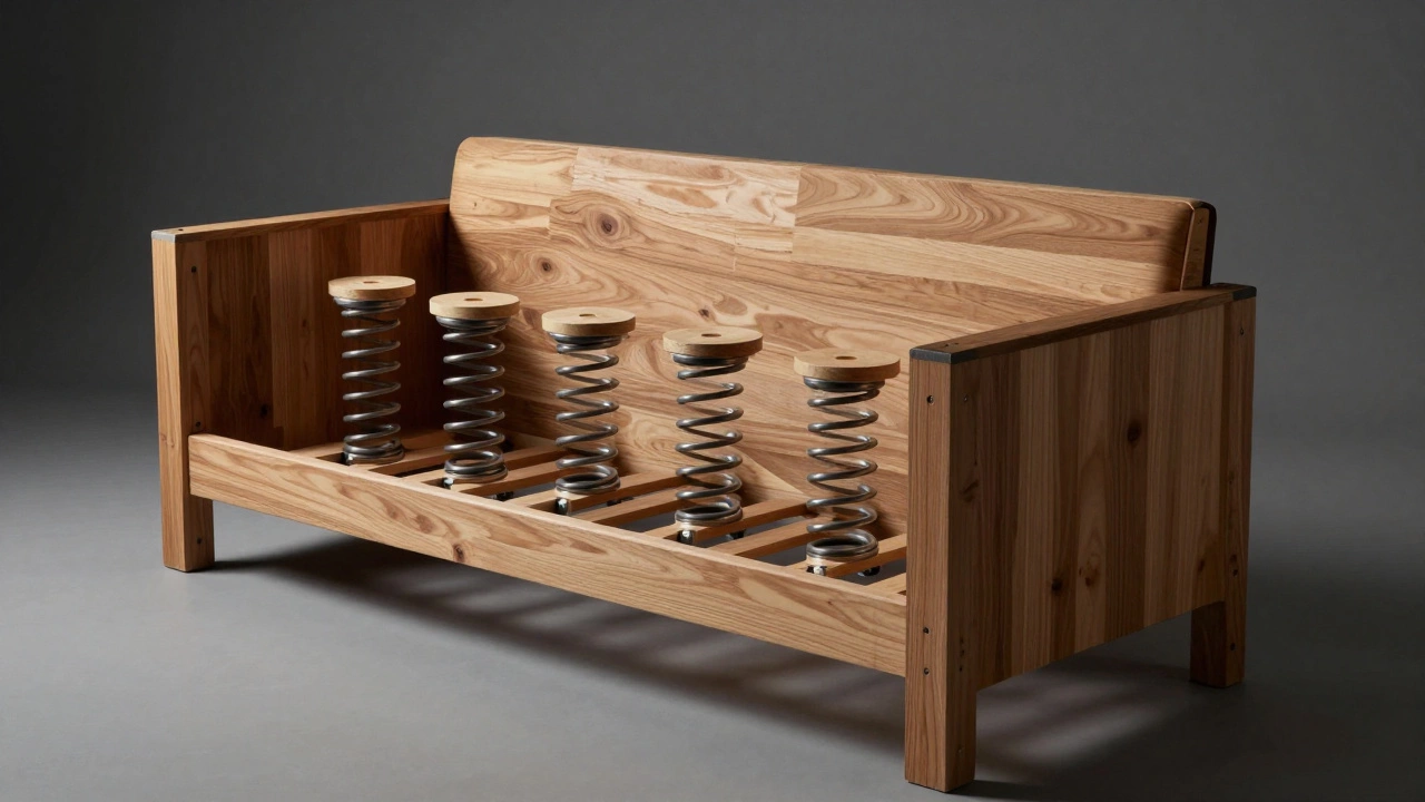Cross-section view of a sofa showing a hardwood frame and hand-tied spring system.