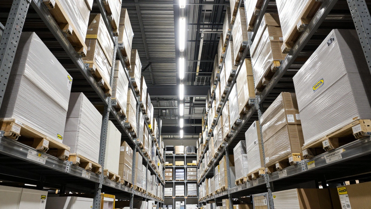 High-angle view of towering industrial shelves in a massive furniture warehouse.