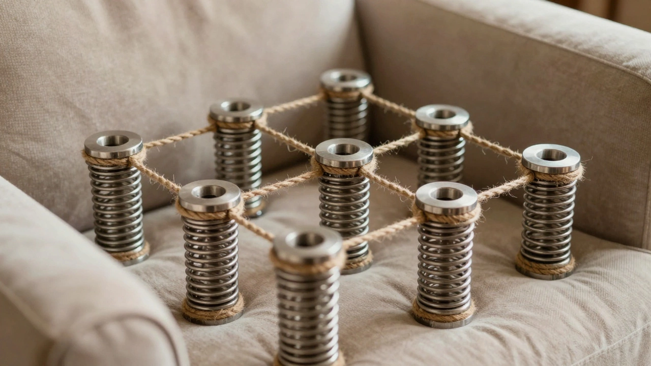 Internal view of an eight-way hand-tied spring suspension system with twine