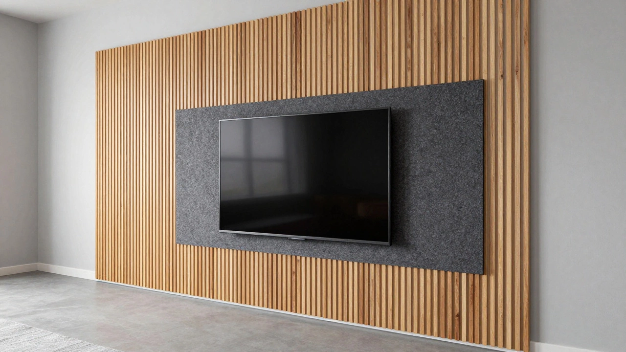 Modern TV setup with a dark grey wooden slat feature wall and neutral room