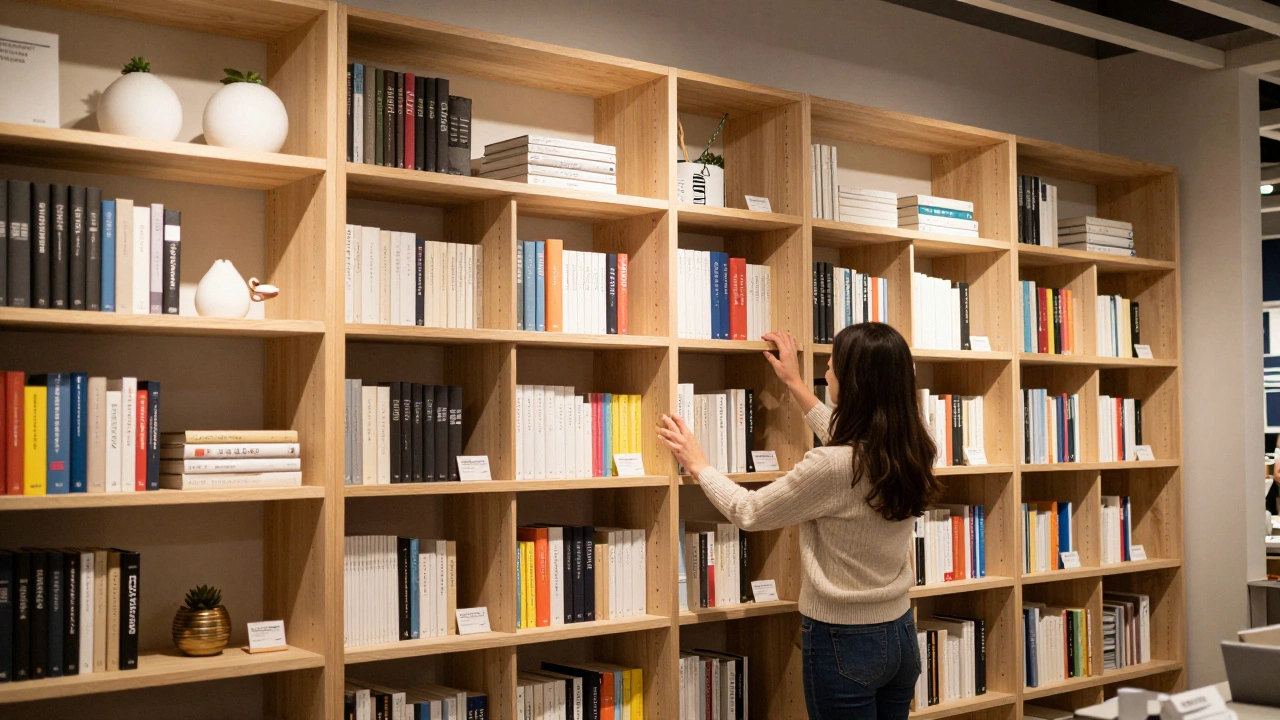 Person browsing a tall wall of modular bookcases in a staged IKEA living room display.