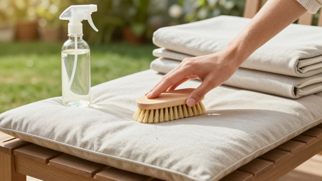 Person using a soft brush and vinegar solution to clean a light-colored outdoor cushion