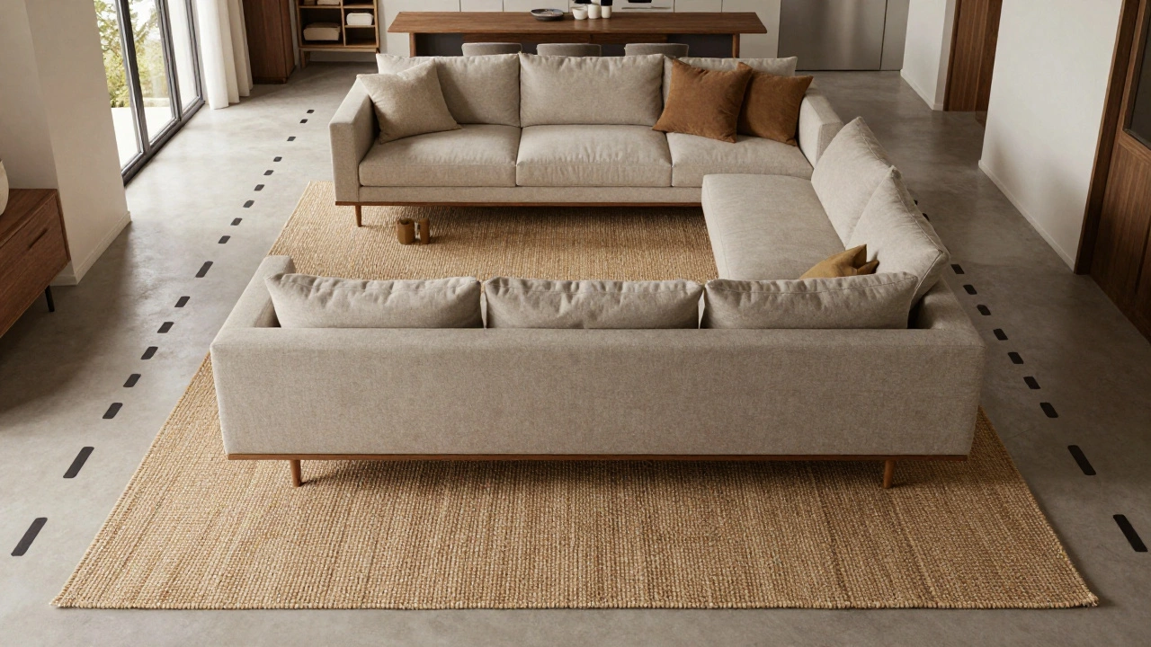 Top view of a floating sofa anchored by a large area rug in an open-concept room.