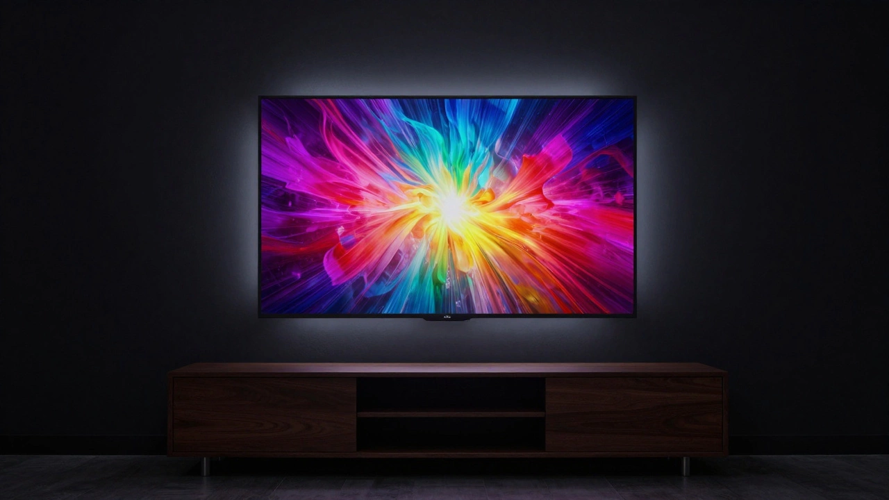 TV on a dark charcoal matte wall with soft LED backlight for a cinematic feel