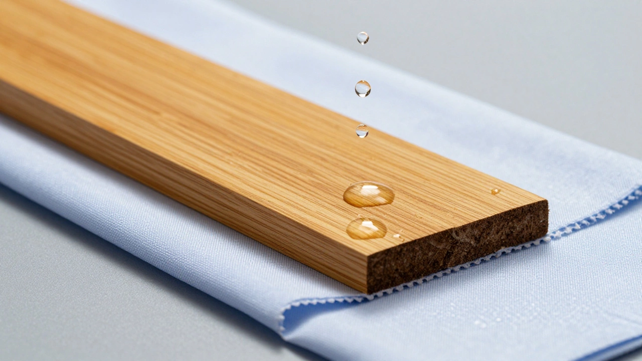 Water droplets beading on the surface of teak wood and hydrophobic olefin fabric