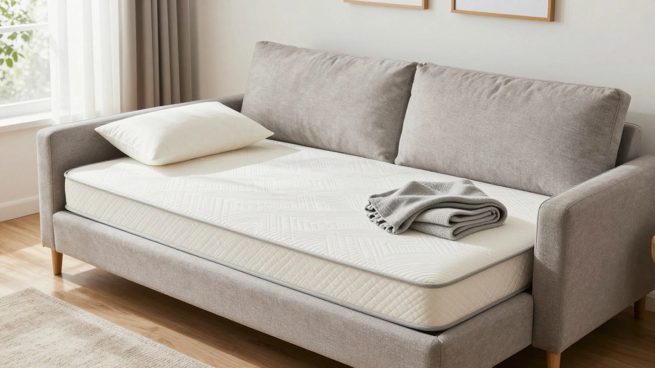 A clean, unfolded sleeper sofa bed ready for guests in a bright living room