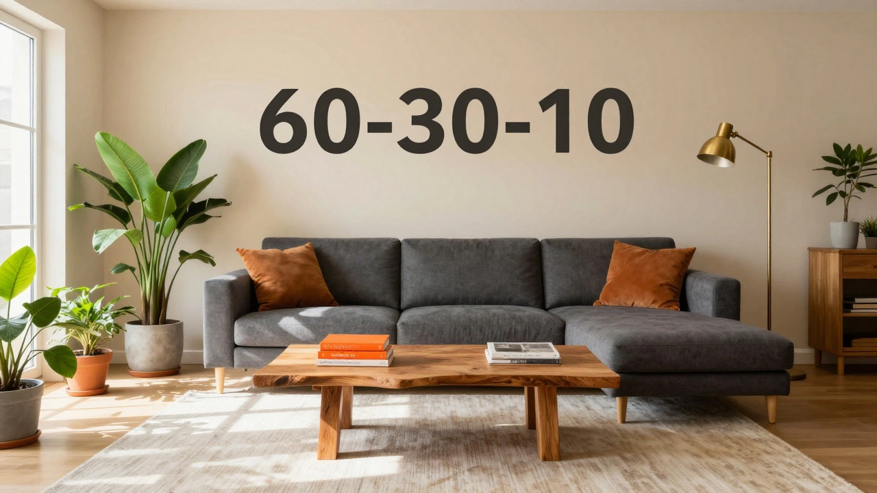Bright living room with grey sofa, warm walls, and colorful accent decor.