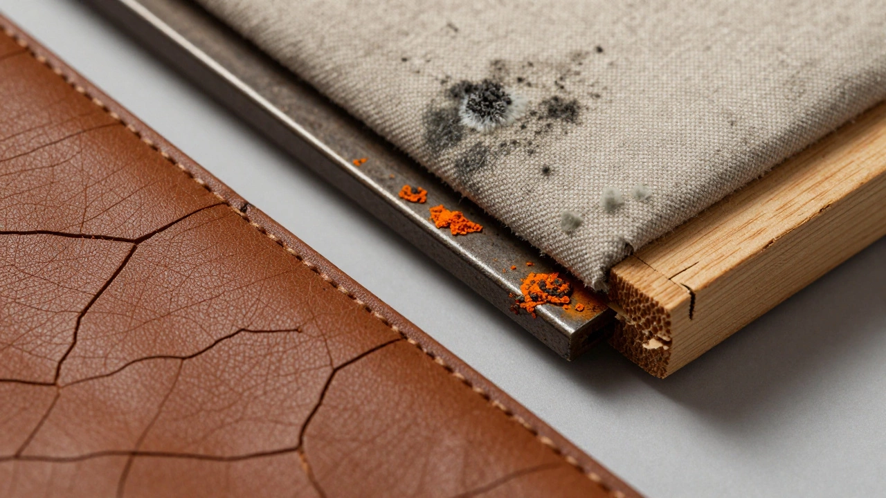 Close-up details of furniture decay: cracked leather, moldy fabric, rusted metal, and loose wood joints