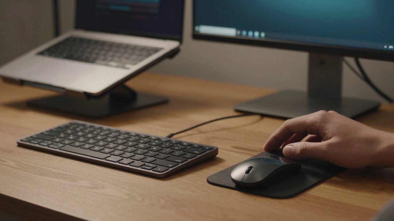 Close-up of an ergonomic desk setup with monitor at eye level and keyboard within reach.
