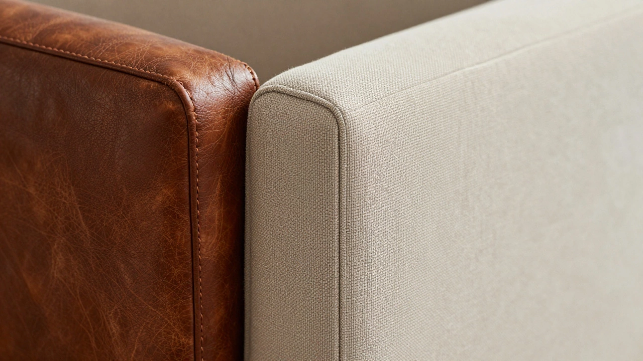 Close-up of durable leather and performance fabric textures on a sofa