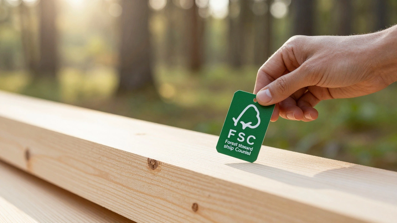Close-up of FSC certified wood tag with sustainable forest background