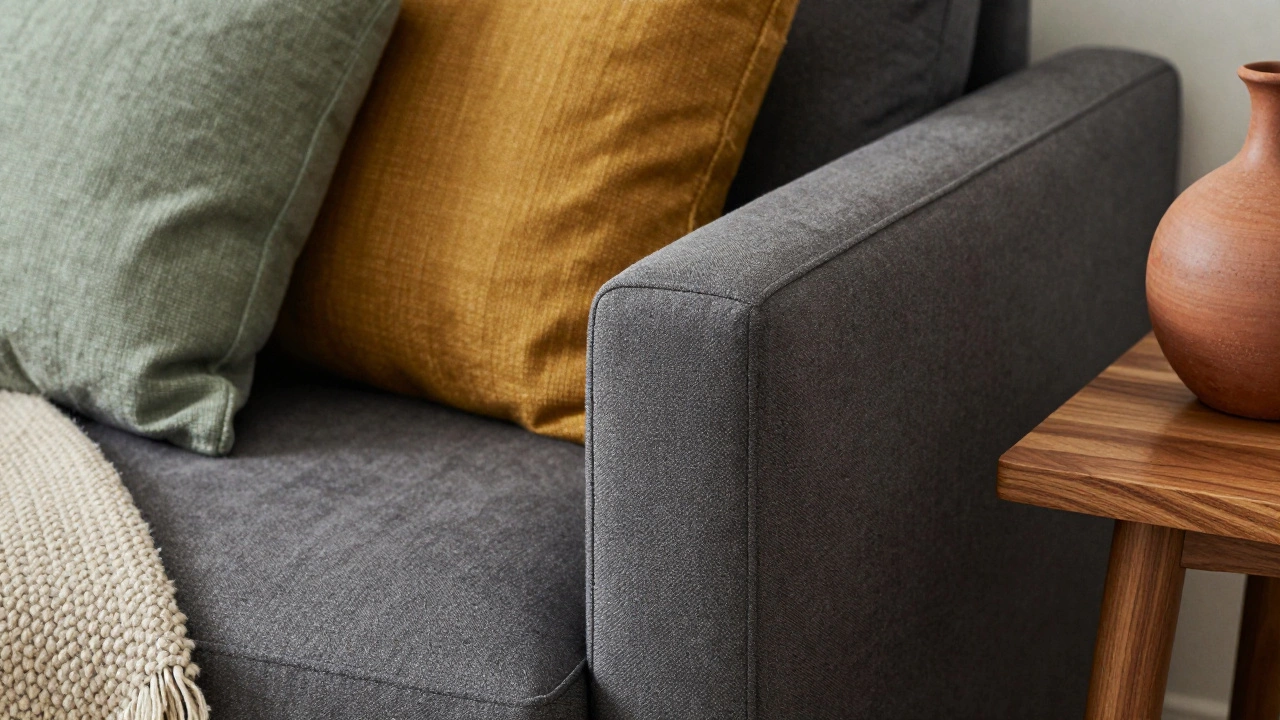 Close-up of textured cushions and throws on a dark grey couch with earthy tones.