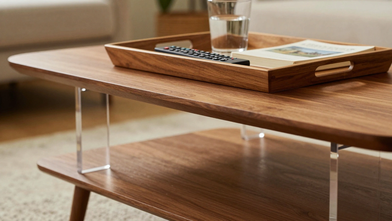 Coffee table raised with acrylic risers and topped with a serving tray for better access